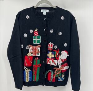 VTG Haband Christmas Holiday Cardigan Sweater Womens M Black Santa Bows Cottage